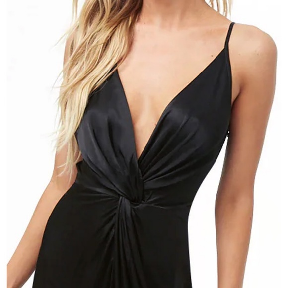 Black Silky Satin Twist Front Midi Slip Dress - Picture 4 of 8